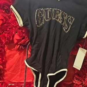 Guess NWT Girls Black Hooded Bodysuit with Gold Accents Size 7/8